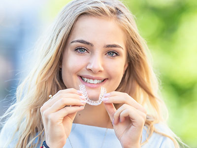 The image shows a young woman with blonde hair, wearing a smile and holding up a clear orthodontic appliance, possibly an aligner or retainer, against her teeth.